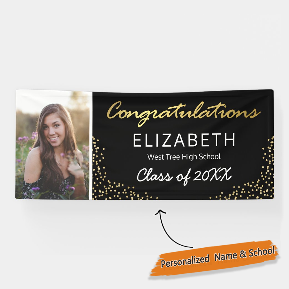 Personalized Name/Photo, Elegant Black Gold 2022 Graduation Photo Banner