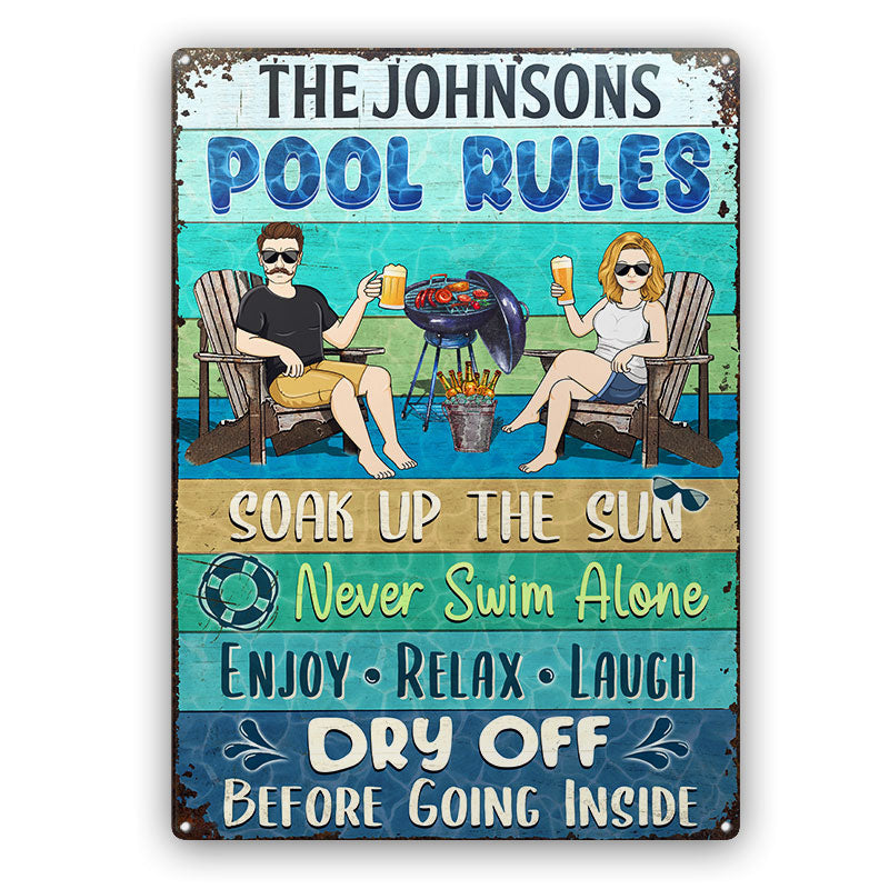 Pool Rules Soak Up The Sun Husband Wife Couple - プールサイン - パーソナライズされたカスタムクラシックメタルサイン