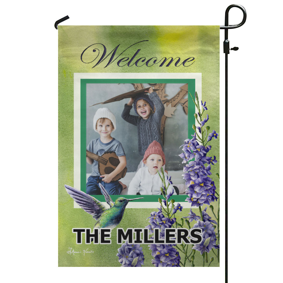 Hummingbird Welcome – Personalized Photo & Family Name Garden & House Flag