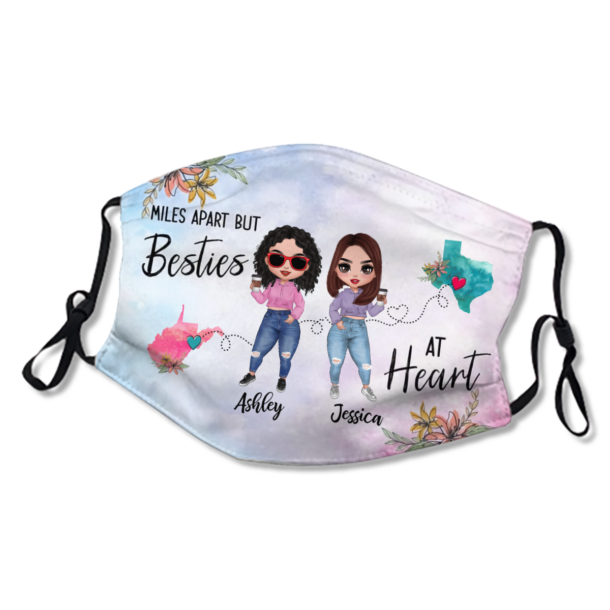 Besties At Heart Long Distance State Map Doll Personalized Masks