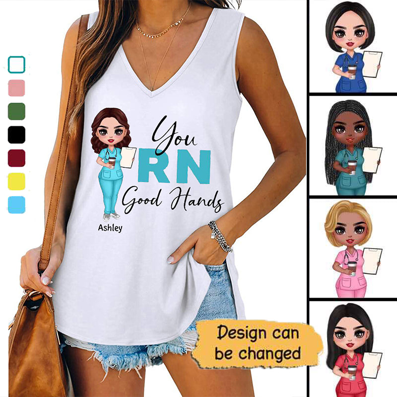 Doll Nurse You RN Good Hands Personalized Women Tank Top V Neck Casual Flowy Sleeveless
