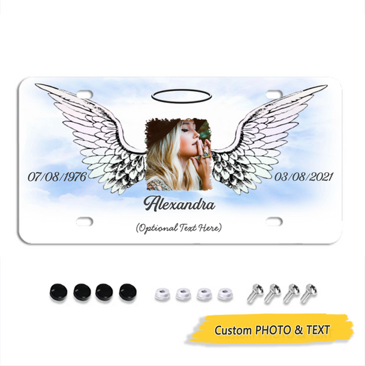 Unique Custom License Plate, Personalized Photo & Texts Angle Wing Memorial Decorative Front License Plate