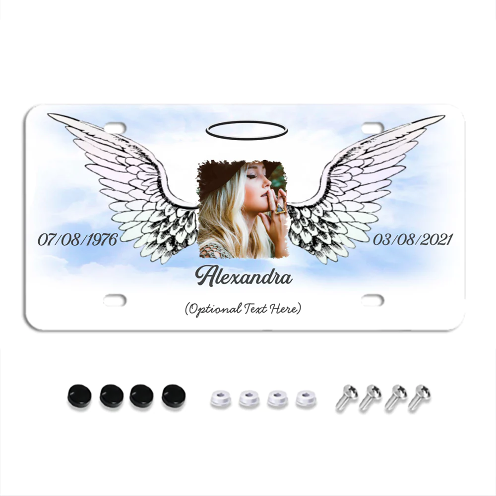 Unique Custom License Plate, Personalized Photo & Texts Angle Wing Memorial Decorative Front License Plate