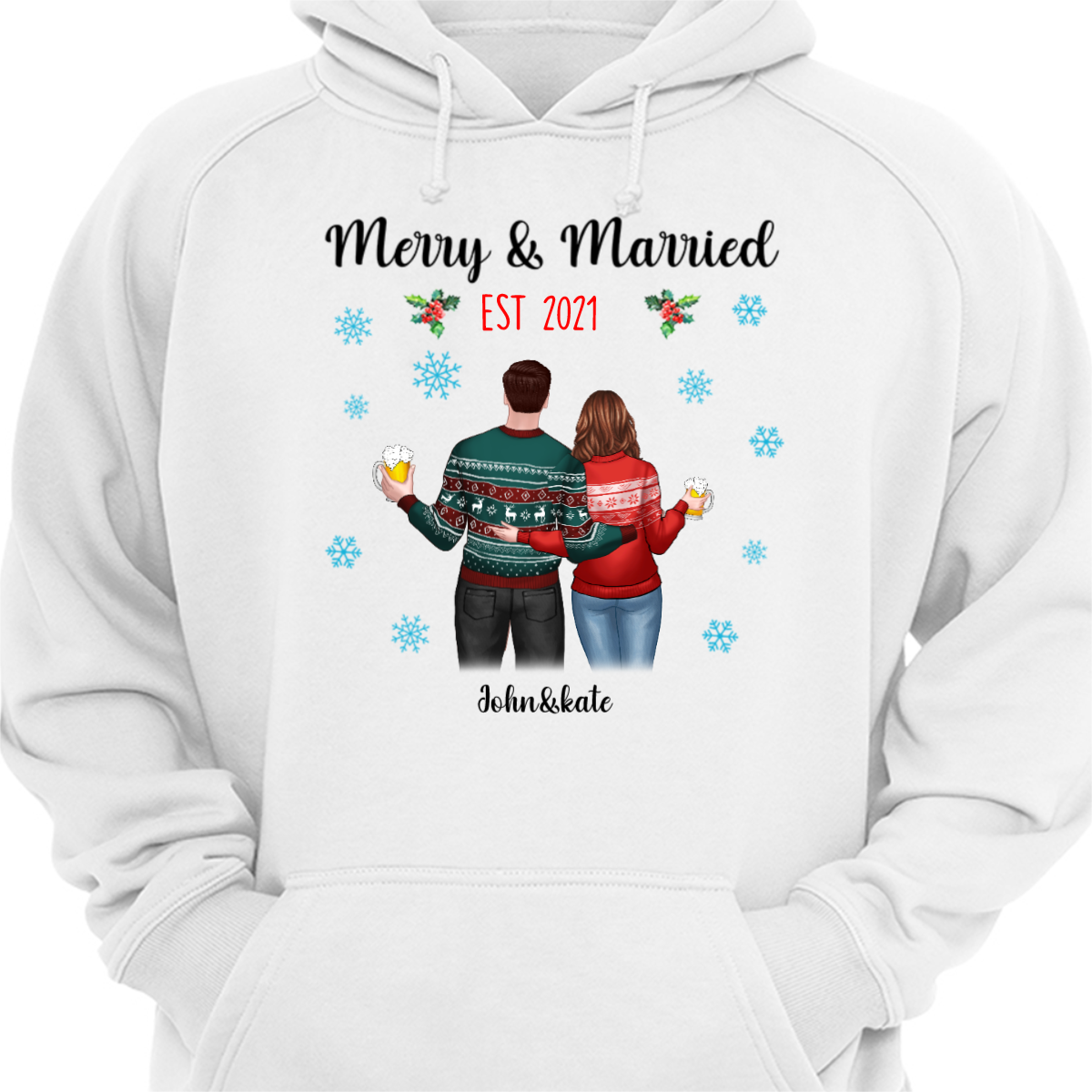 Merry And Married Couple Standing Christmas Personalized Hoodie Sweatshirt