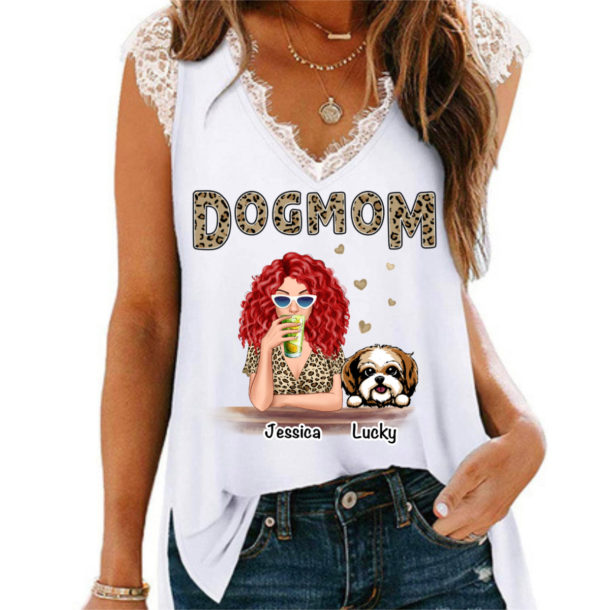 Leopard Dog Mom Personalized Women Tank Top V Neck Lace