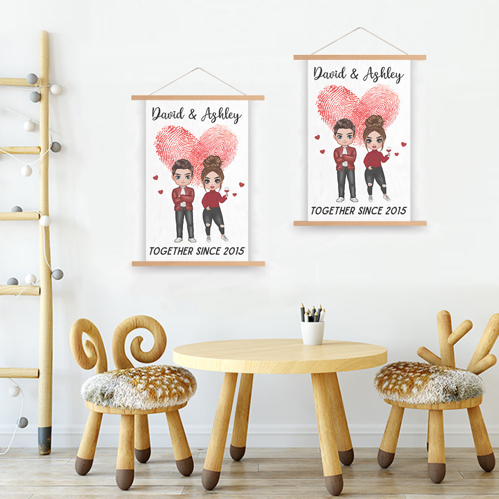 Doll Couple Together Since Anniversary Gift Personalized Wall Scroll Painting  With Wooden Poster Hanger