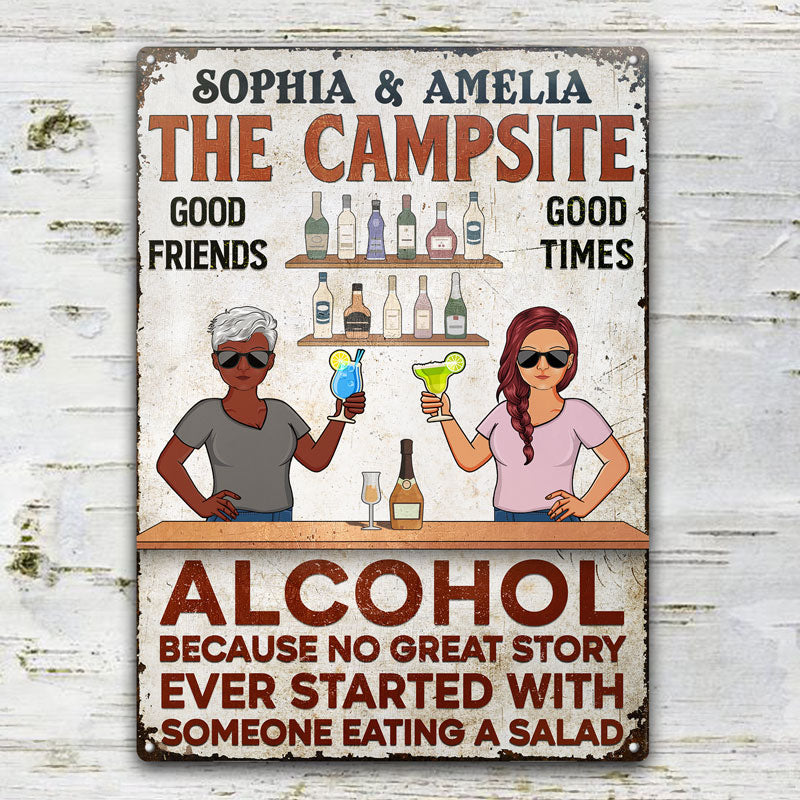 Grilling Alcohol Because No Great Story Ever Started With Someone Eating A Salad Couple Husband Wife - Backyard Sign - Personalized Custom Classic Metal Signs