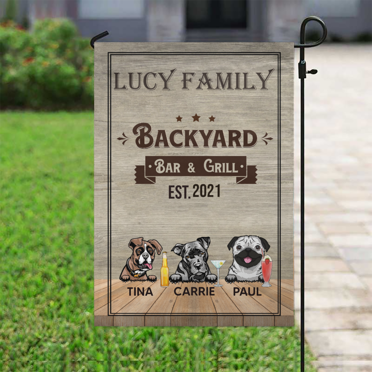 Backyard Bar & Grill Dogs Personalized Garden Flag