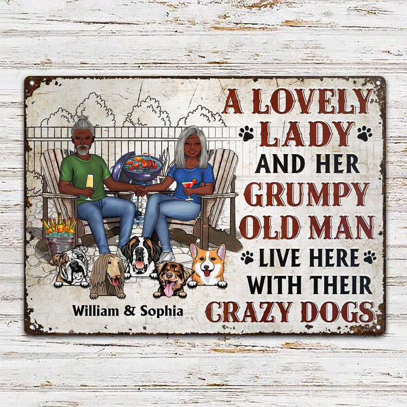 Family Dog Couple A Lovely Lady And A Grumpy Old Man Live Here - Gift For Dog Lovers - Personalized Custom Classic Metal Signs