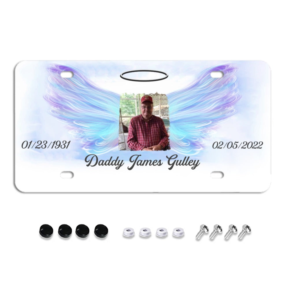 Unique Custom License Plate, Personalized Photo & Texts Angle Wing Memorial Decorative Front License Plate