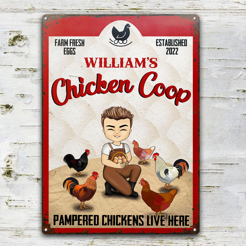 Pampered Chickens Live Here - 鶏小屋の装飾 - パーソナライズされたカスタムクラシックメタルサイン