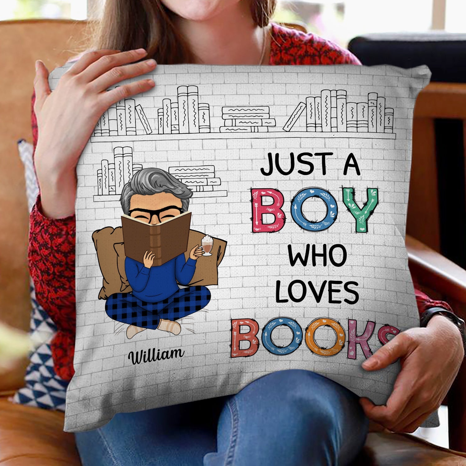 本のスケッチを愛する女の子の男の子だけを読む - パーソナライズされたカスタム枕