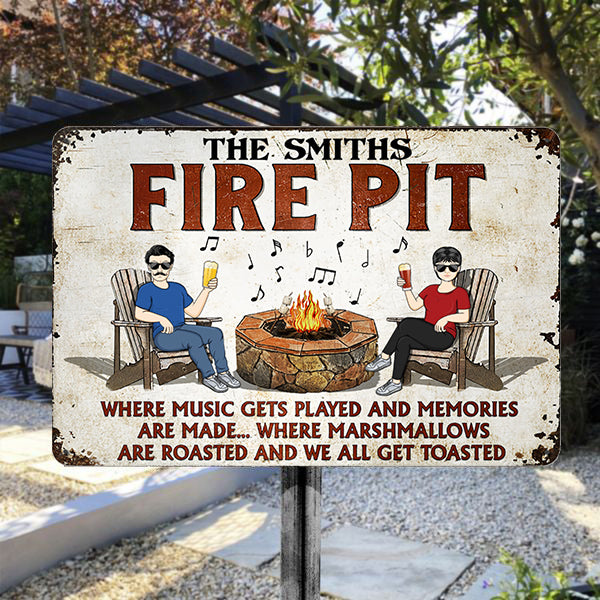 Fire Pit Where Music Gets Played Husband Wife Camping Couple - Backyard Sign - Personalized Custom Classic Metal Signs