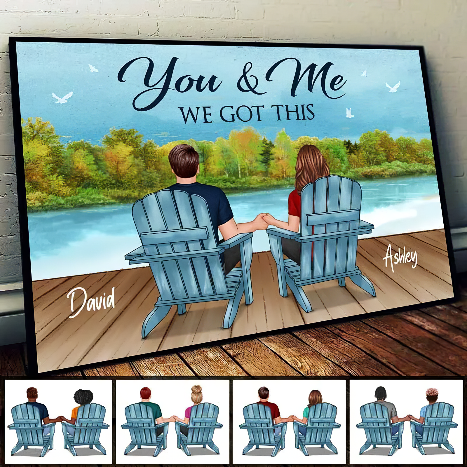 Back View Couple Sitting Lake View Personalized Horizontal Poster