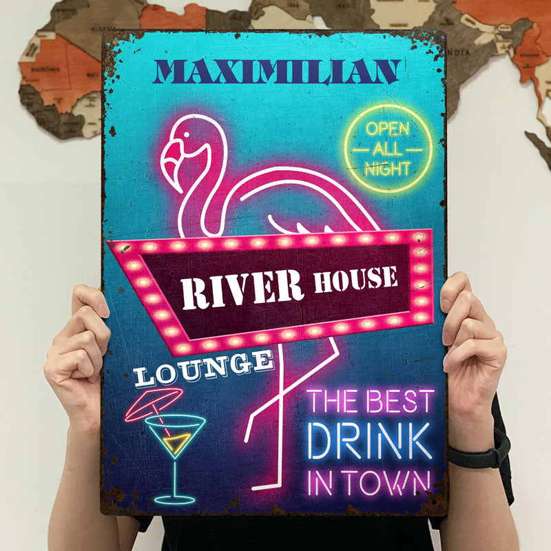 Neon Best Drinks Flamingo Bar - Outdoor Decor Gift - Personalized Custom Classic Metal Signs