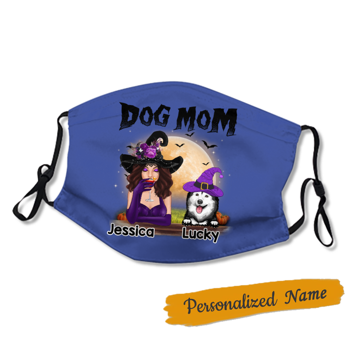 Halloween Witch Dog Mom Personalized Name Face Mask