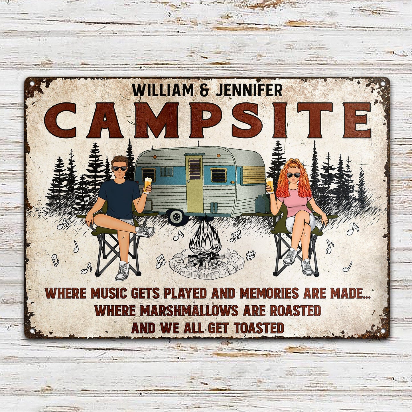 Family Couple Camping Firepit Where Music Gets Played - Personalized Custom Classic Metal Signs