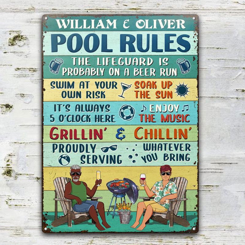 Pool Rules Swim At Your Own Risk Grilling Couple Husband Wife Vintage - Backyard Sign - Personalized Custom Classic Metal Signs