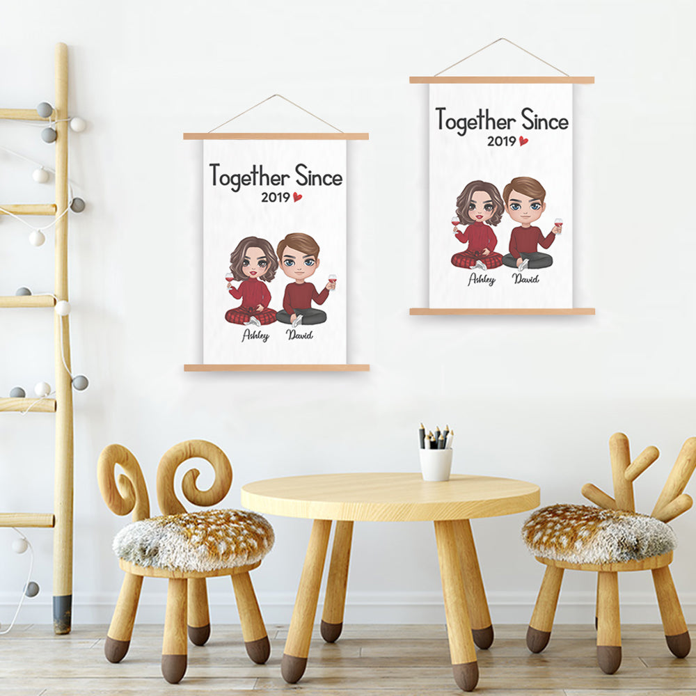 Doll Couple Sitting Valentine's Day Gift For Him For Her Personalized Wall Scroll Painting  With Wooden Poster Hanger