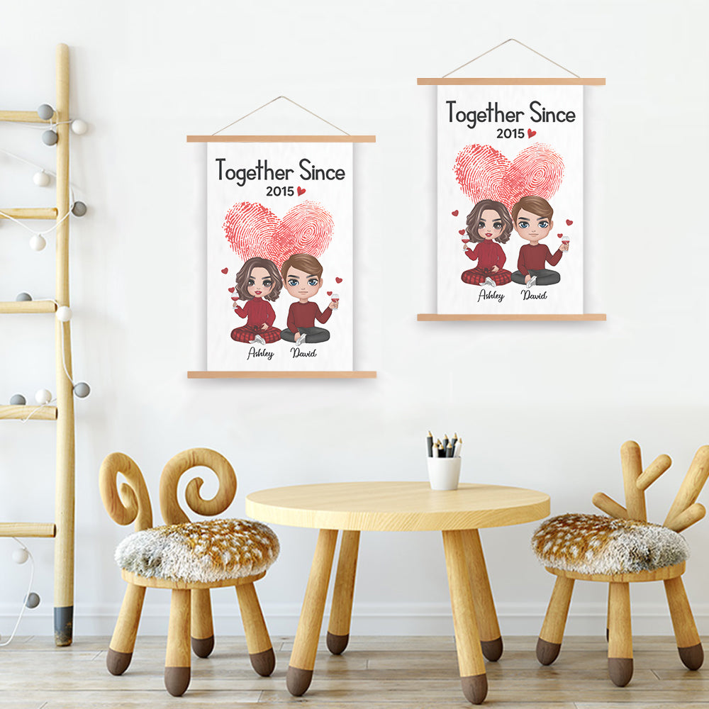 Doll Couple Sitting Valentine's Day Gift Personalized Wall Scroll Painting  With Wooden Poster Hanger