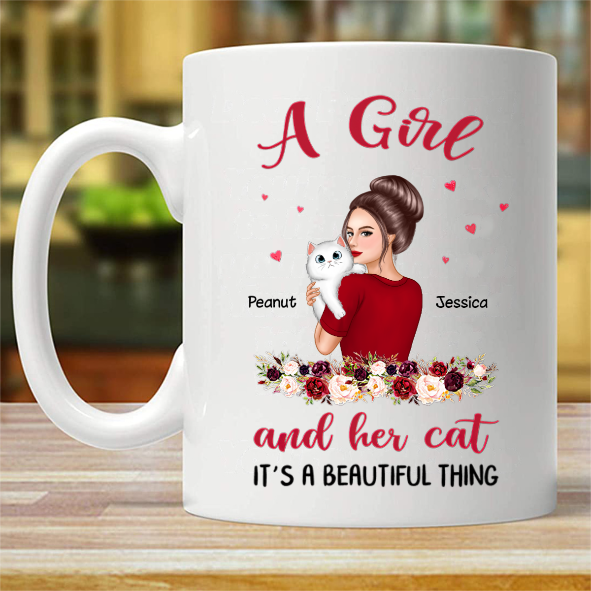 Woman Holding Fluffy Cats Floral Personalized Mug (Double-sided Printing)