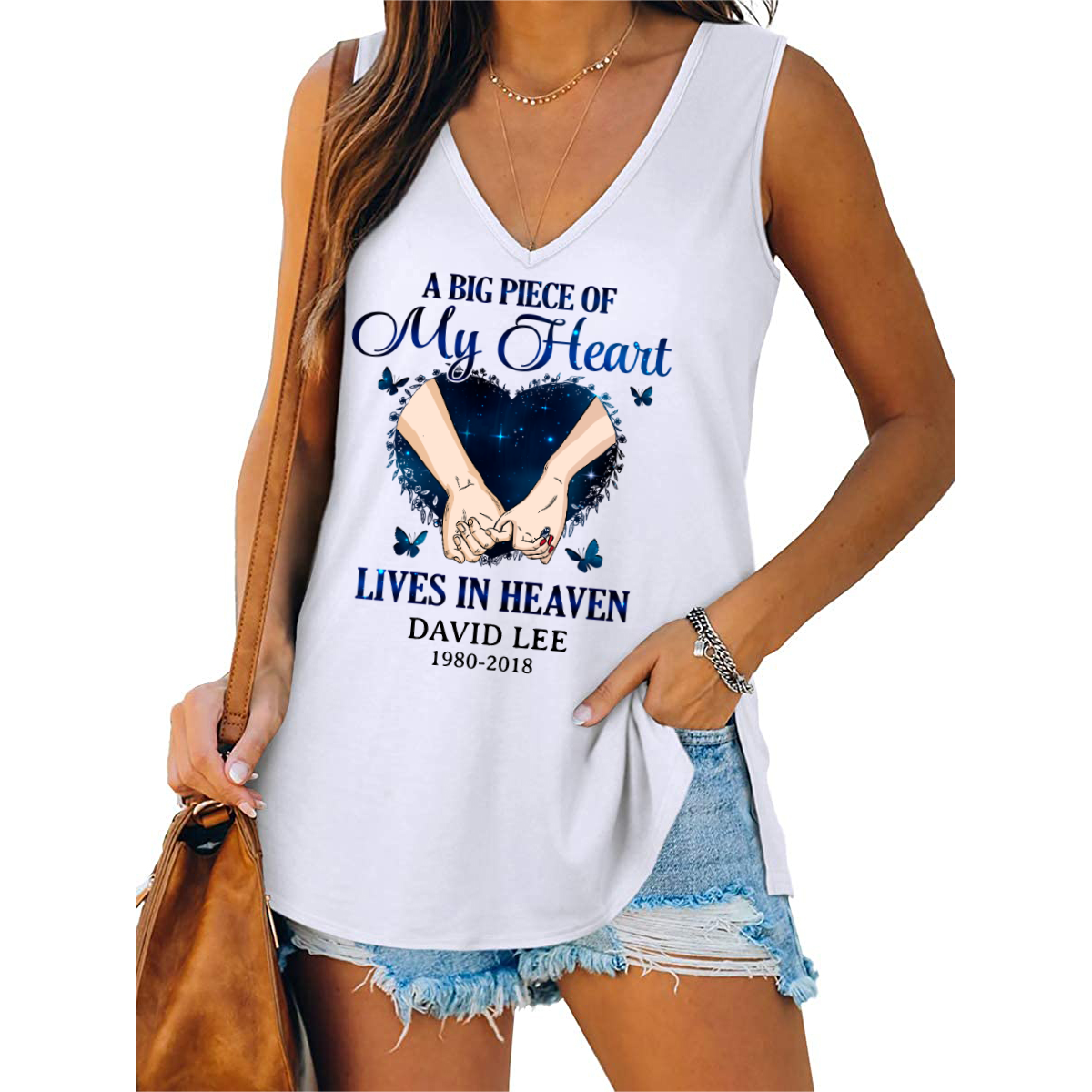 Big Peace Of My Heart Hand in Hand Memorial Personalized Women Tank Top V Neck Casual Flowy Sleeveless