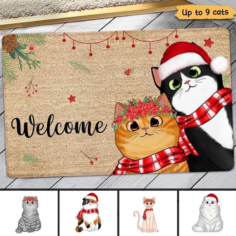 Meowy Catmas Cute Peeking Fluffy Cat Christmas Personalized Doormat