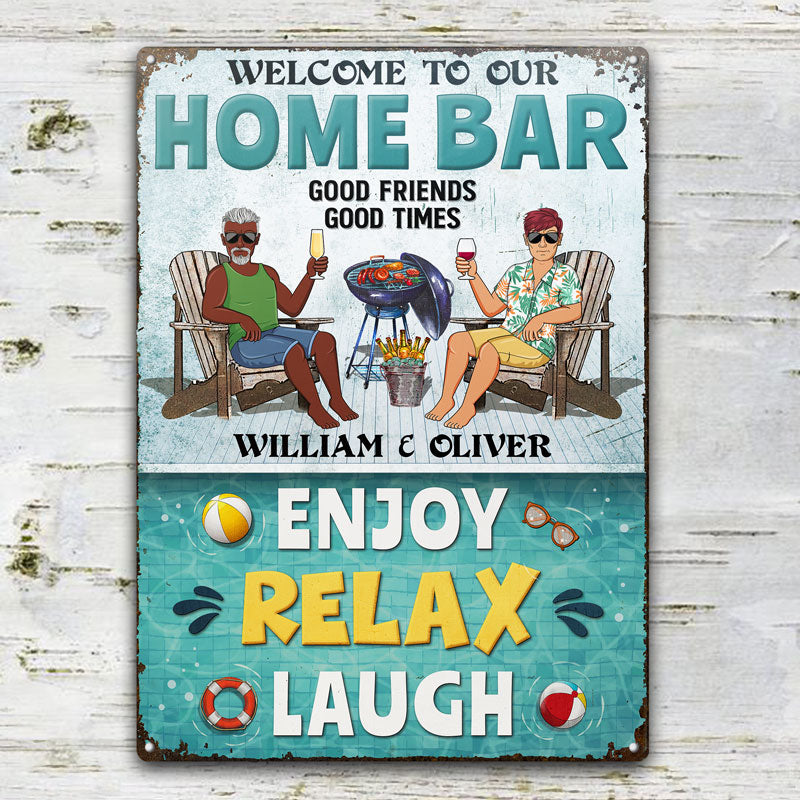 Poolside Grilling Where The Neighbors Listen To Good Music Couple Husband Wife - Backyard Sign - Personalized Custom Classic Metal Signs