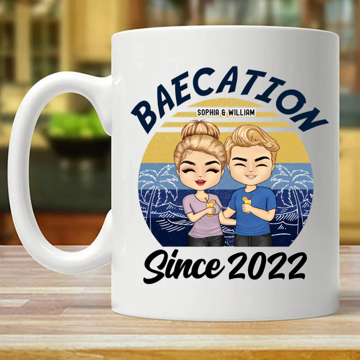 Baecation - ビーチ カップルへのギフト - パーソナライズされたカスタム マグカップ (両面印刷)