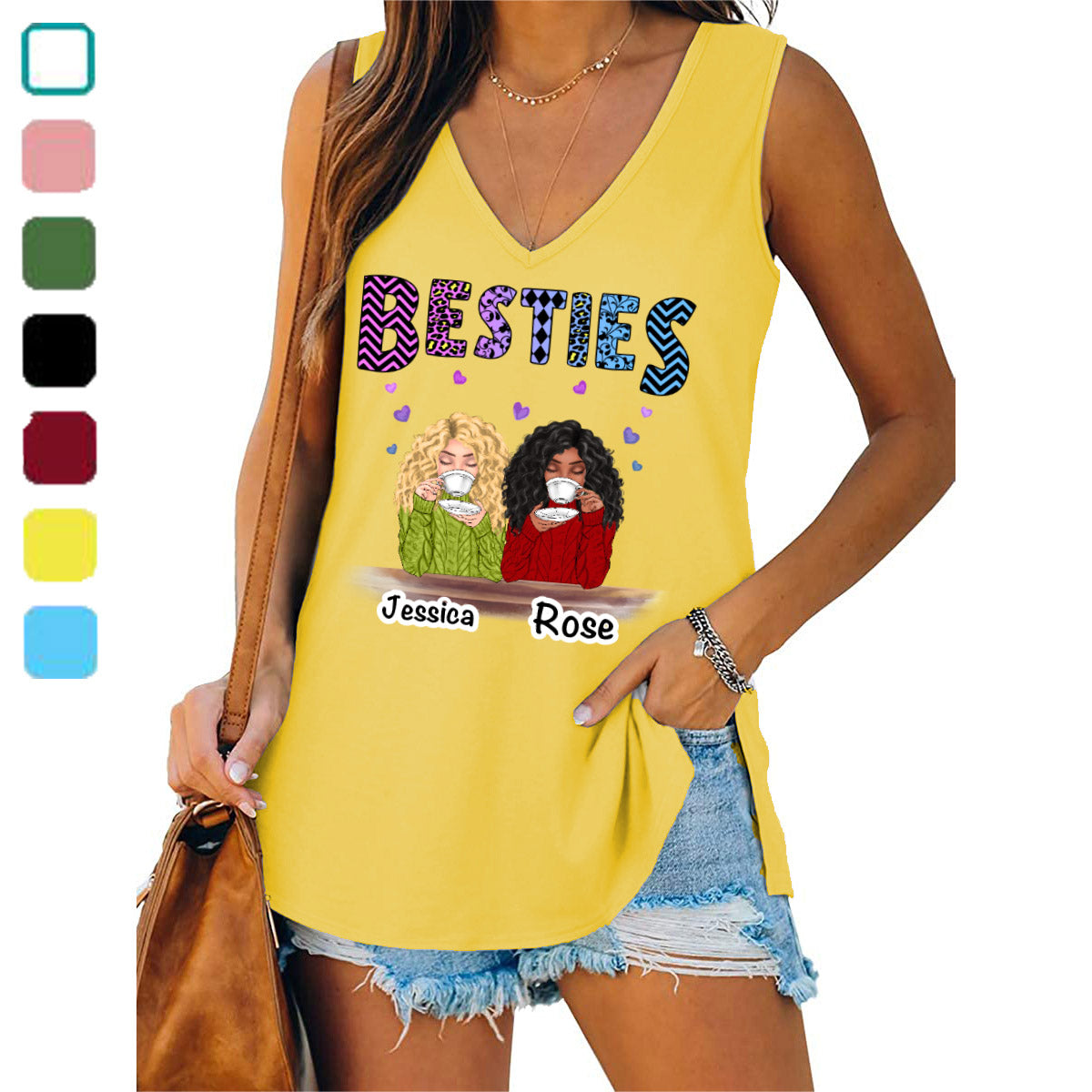 Beautiful Besties Colorful Patterned Personalized Women Tank Top V Neck Casual Flowy Sleeveless