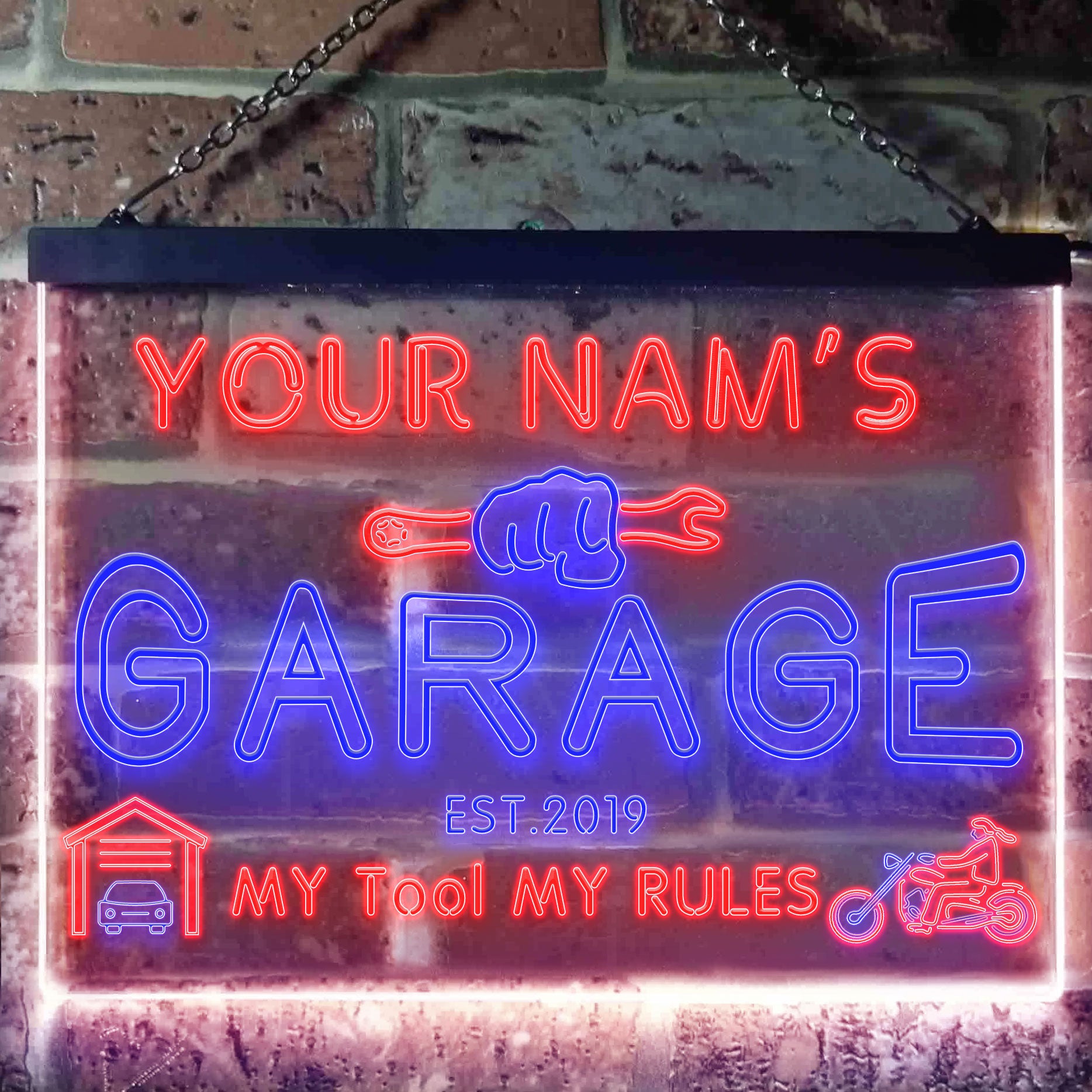 Personalized Your Name Est Year Theme Garage Man Cave Deco Dual Color LED Neon Sign