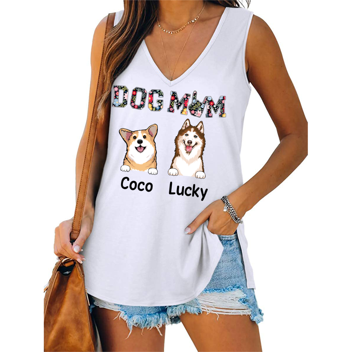 Dog Mom Peeking Dog Floral Patterned Personalized Women Tank Top V Neck Casual Flowy Sleeveless