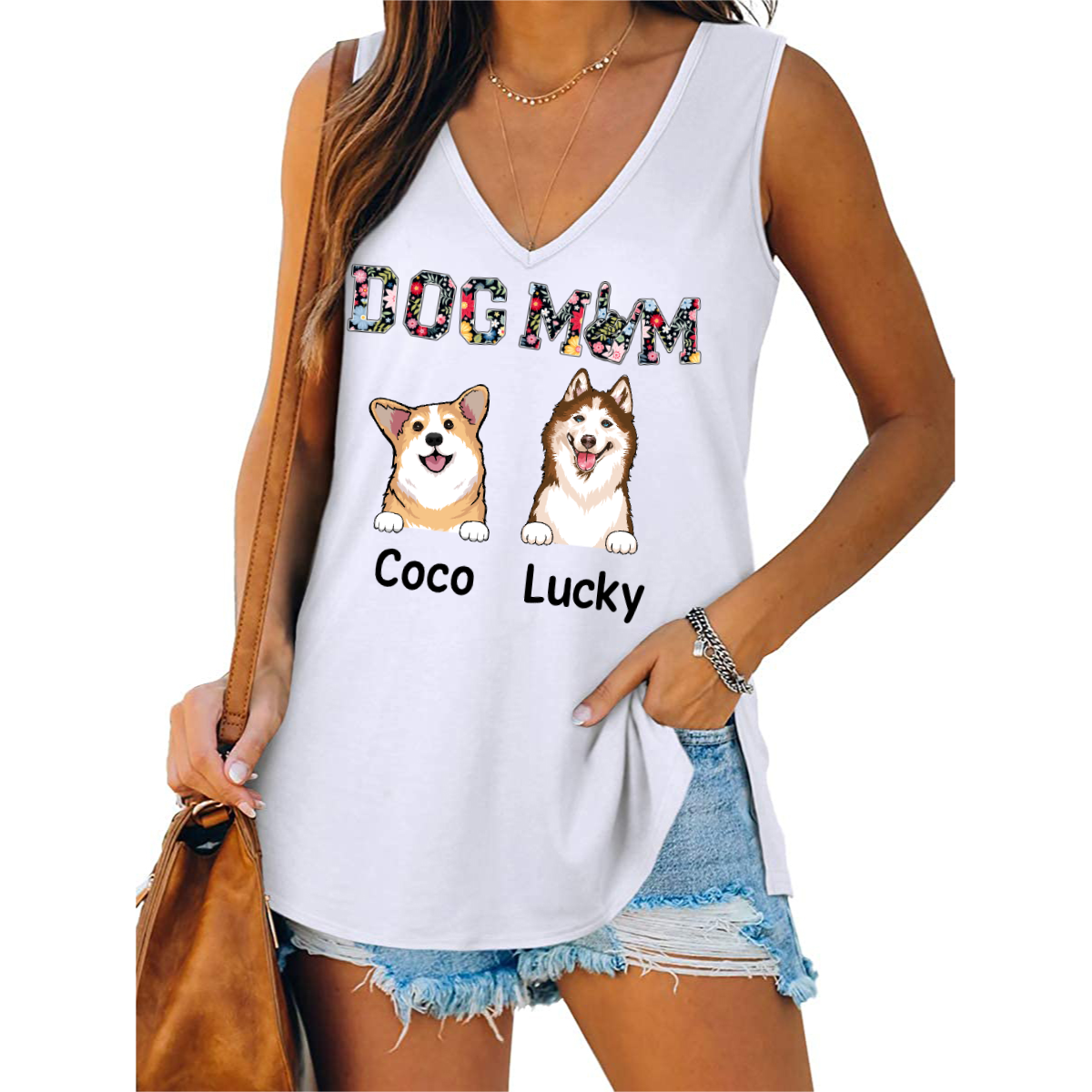 Dog Mom Peeking Dog 花柄 個性的 レディース タンクトップ Vネック カジュアル 流れるような ノースリーブ