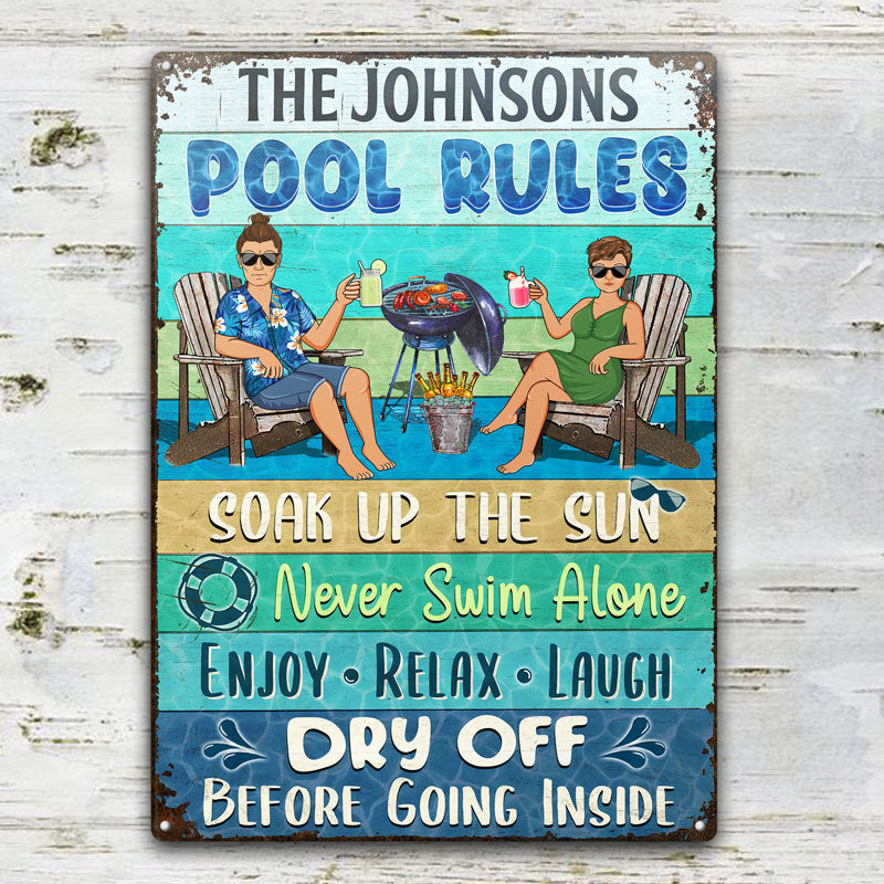 Pool Rules Soak Up The Sun Husband Wife Couple - Pool Sign - Personalized Custom Classic Metal Signs