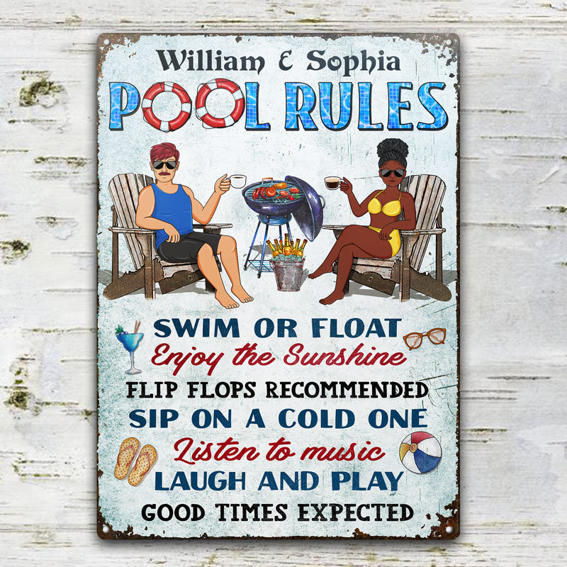 Pool Rules Swim or Float Grilling Couple Husband Wife - Backyard Sign - パーソナライズされたカスタムクラシックメタルサイン