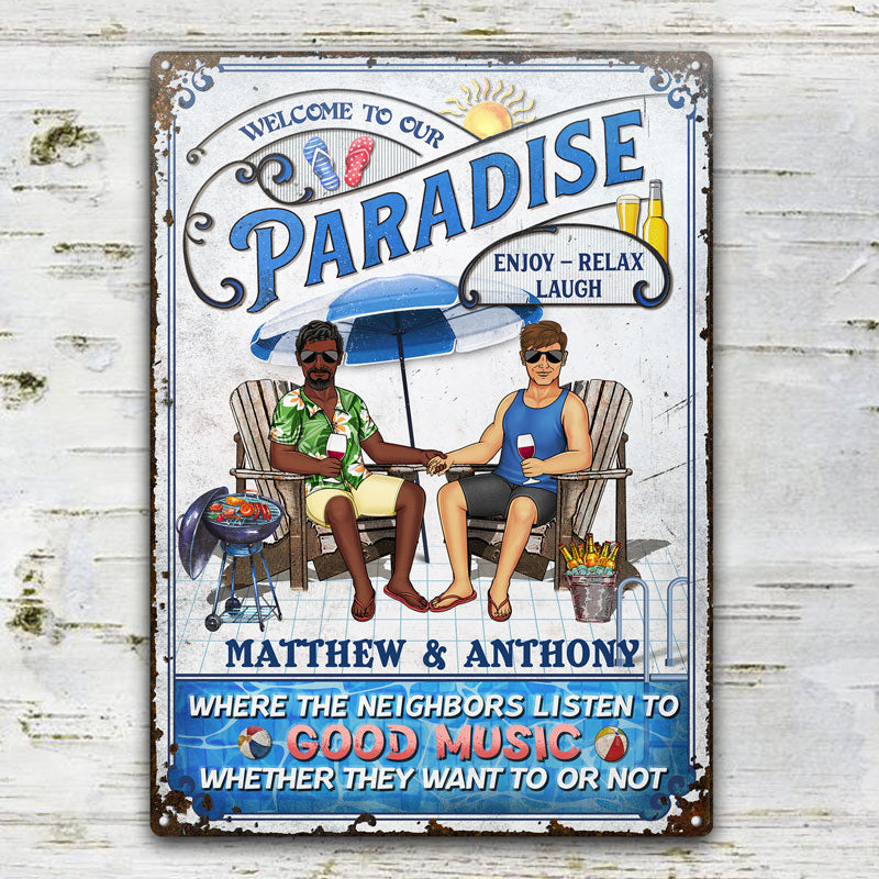 Swimming Pool Family Couple Listen To The Good Music - Pool Sign - Personalized Custom Classic Metal Signs