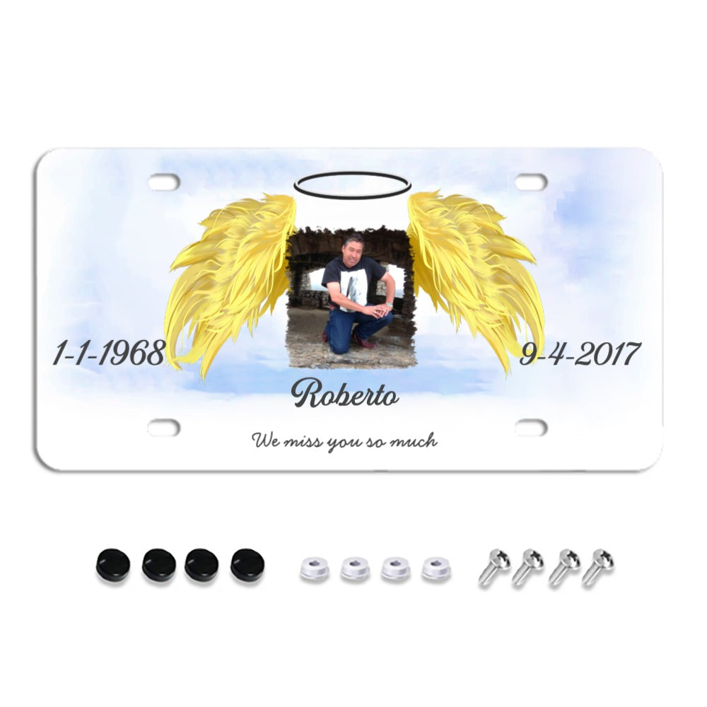 Unique Custom License Plate, Personalized Photo & Texts Angle Wing Memorial Decorative Front License Plate