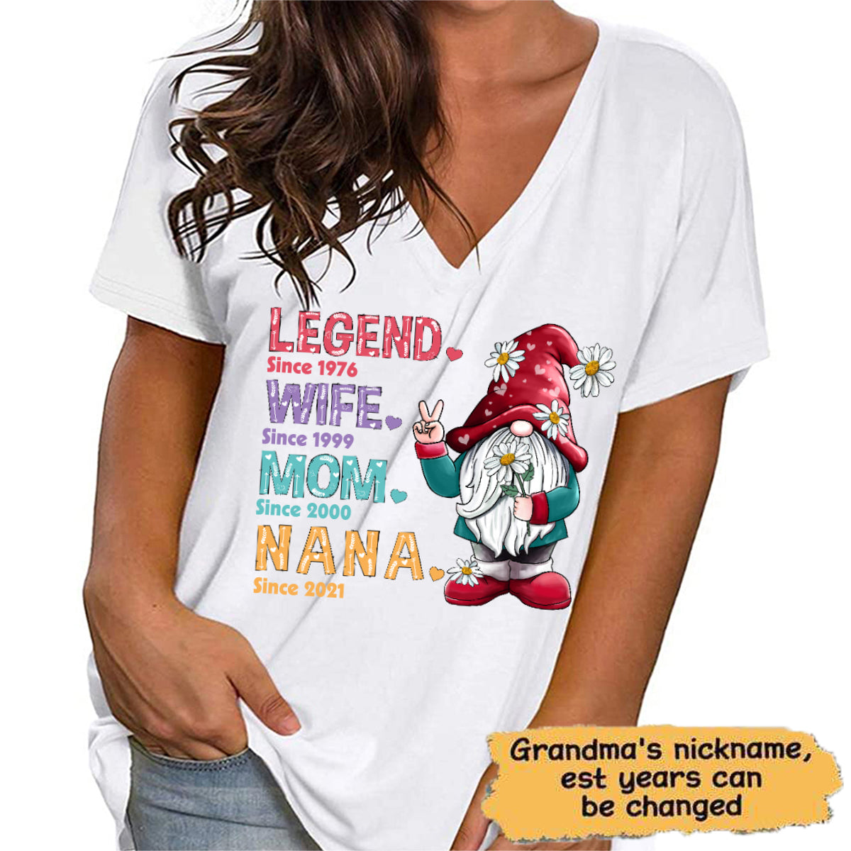 Doodle Pattern Legend Gnome Grandma Personalized Womens Short Sleeve Tops V Neck Casual Flowy