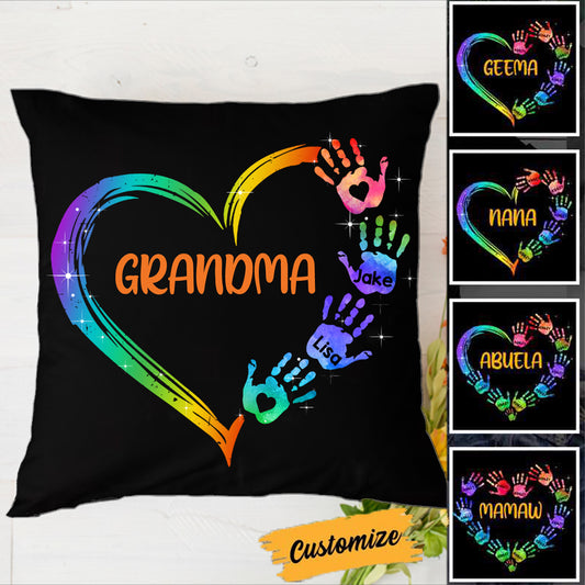 Grandma Mom Heart Hand Print Personalized Personalized Polyester Linen Pillow