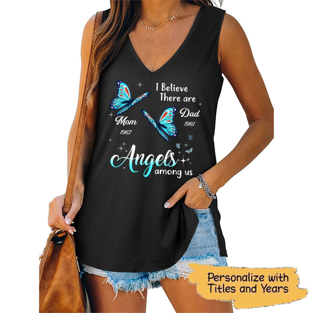 Angels Among Us Butterfly Memorial Personalized Women Tank Top V Neck Casual Flowy Sleeveless