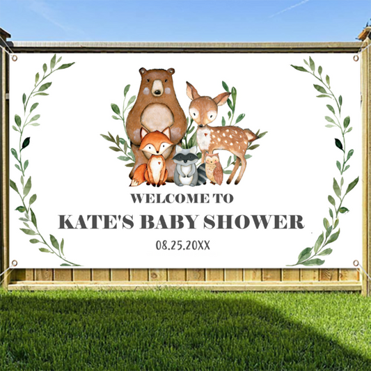 Greenery Woodland Animals Baby Shower Backdrop Banner