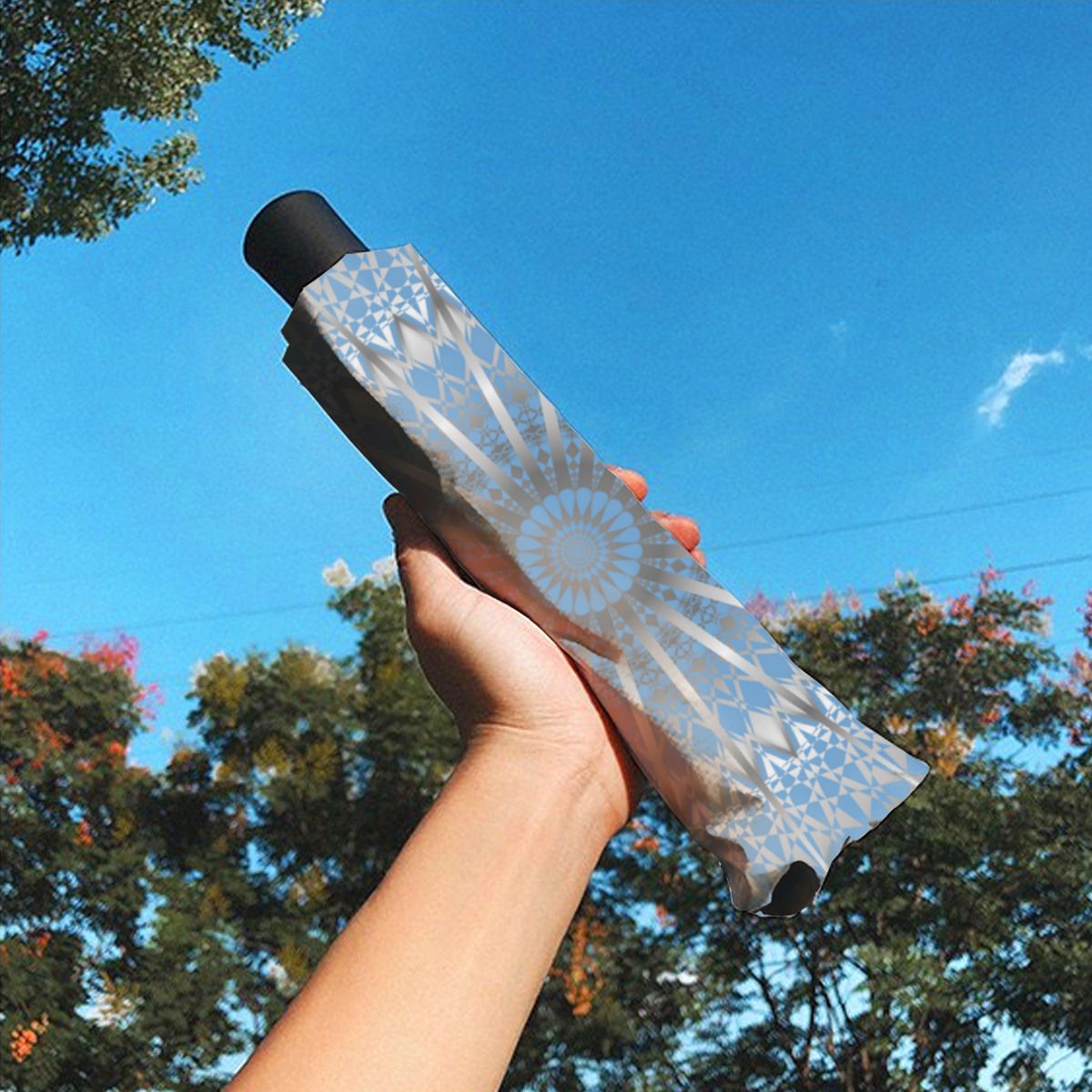 Silver Blue Mandala Brushed Polyester Umbrella No.36S23A