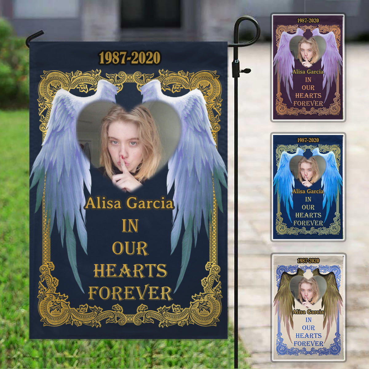 In Our Hearts Forever  Personalized Photo Memorial Garden & House Flag