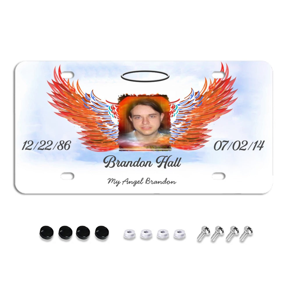 Unique Custom License Plate, Personalized Photo & Texts Angle Wing Memorial Decorative Front License Plate