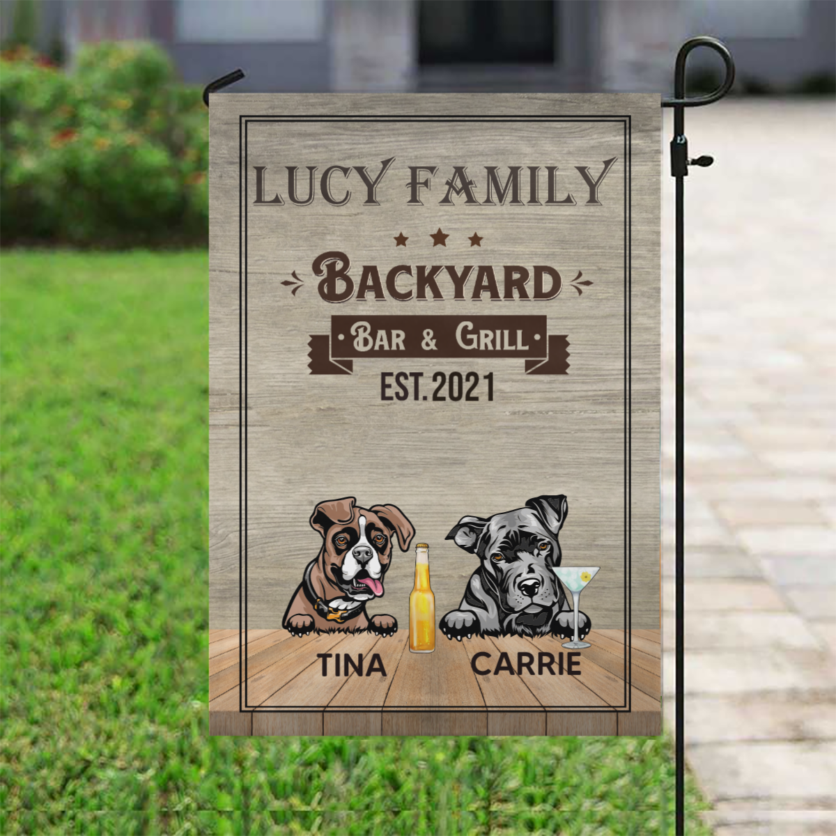 Backyard Bar & Grill Dogs Personalized Garden Flag