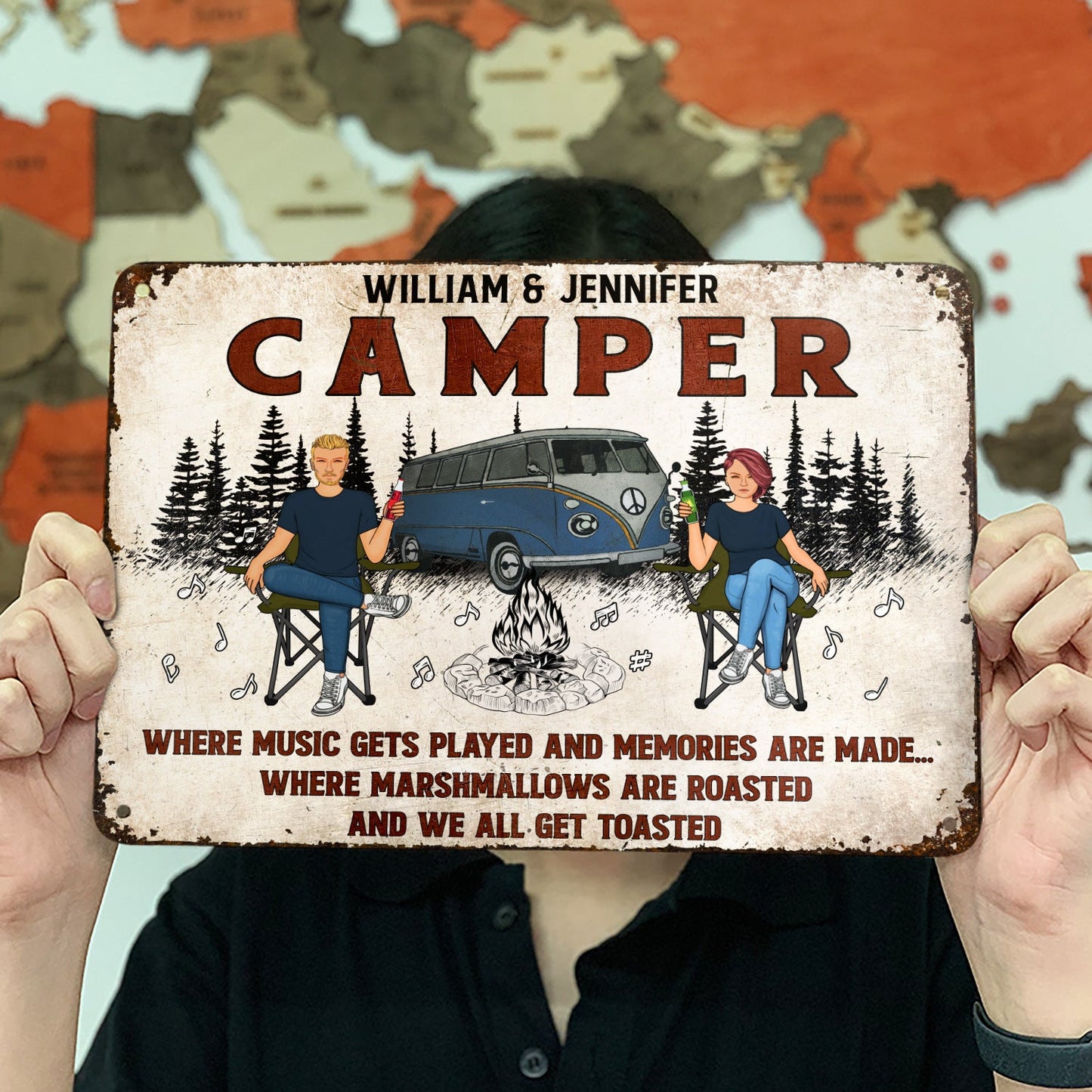 Family Couple Camping Firepit Where Music Gets Played - Personalized Custom Classic Metal Signs