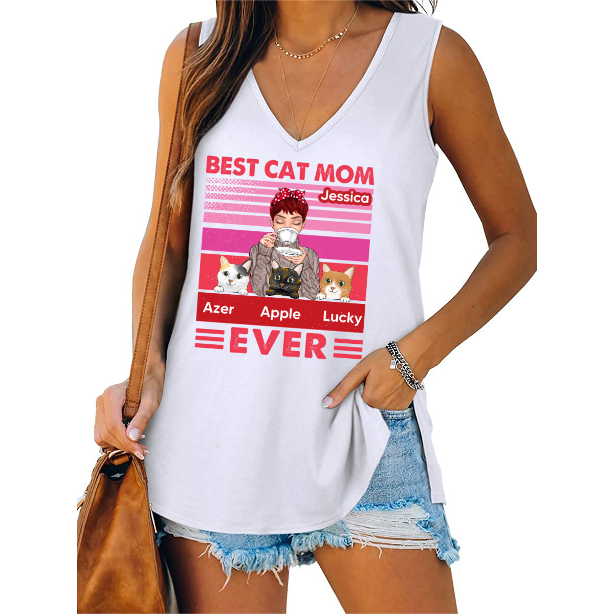 Best Cat Mom Pink Retro Personalized Women Tank Top V Neck Casual Flowy Sleeveless