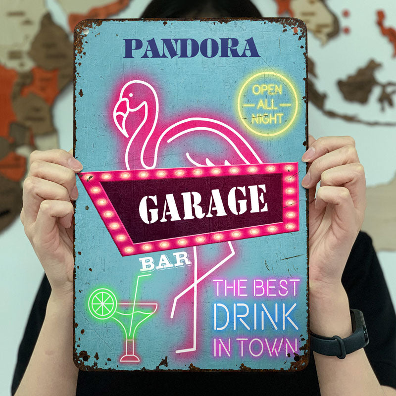 Neon Best Drinks Flamingo Lounge - Outdoor Decor Gift - Personalized Custom Classic Metal Signs