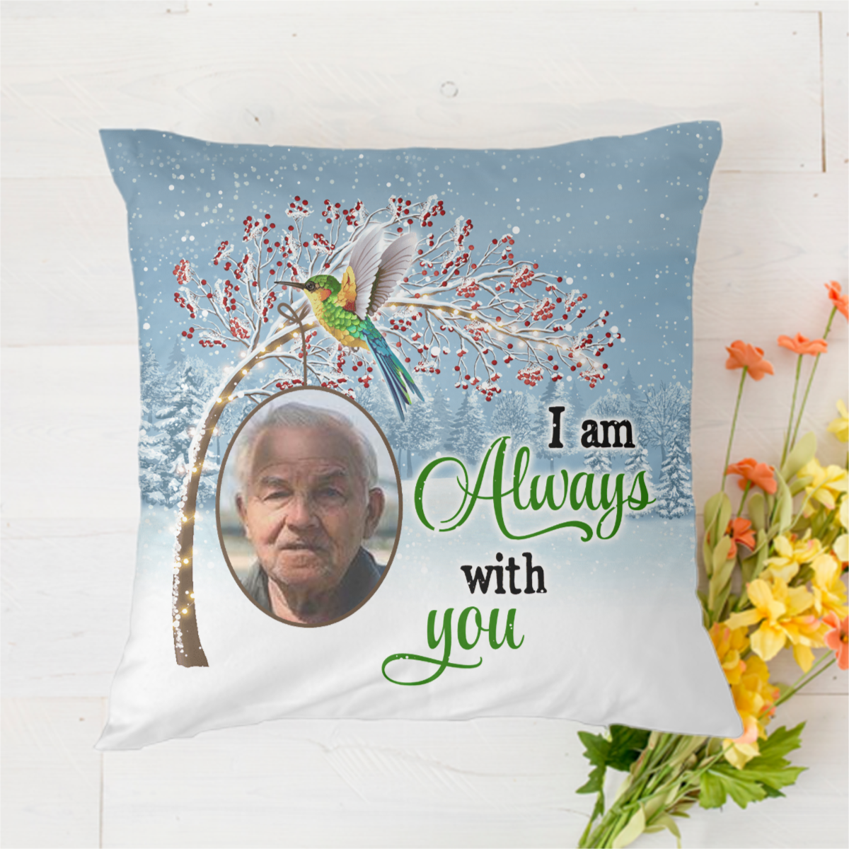 Berry Tree Hummingbird Photo Memorial Personalized Polyester Linen Pillow