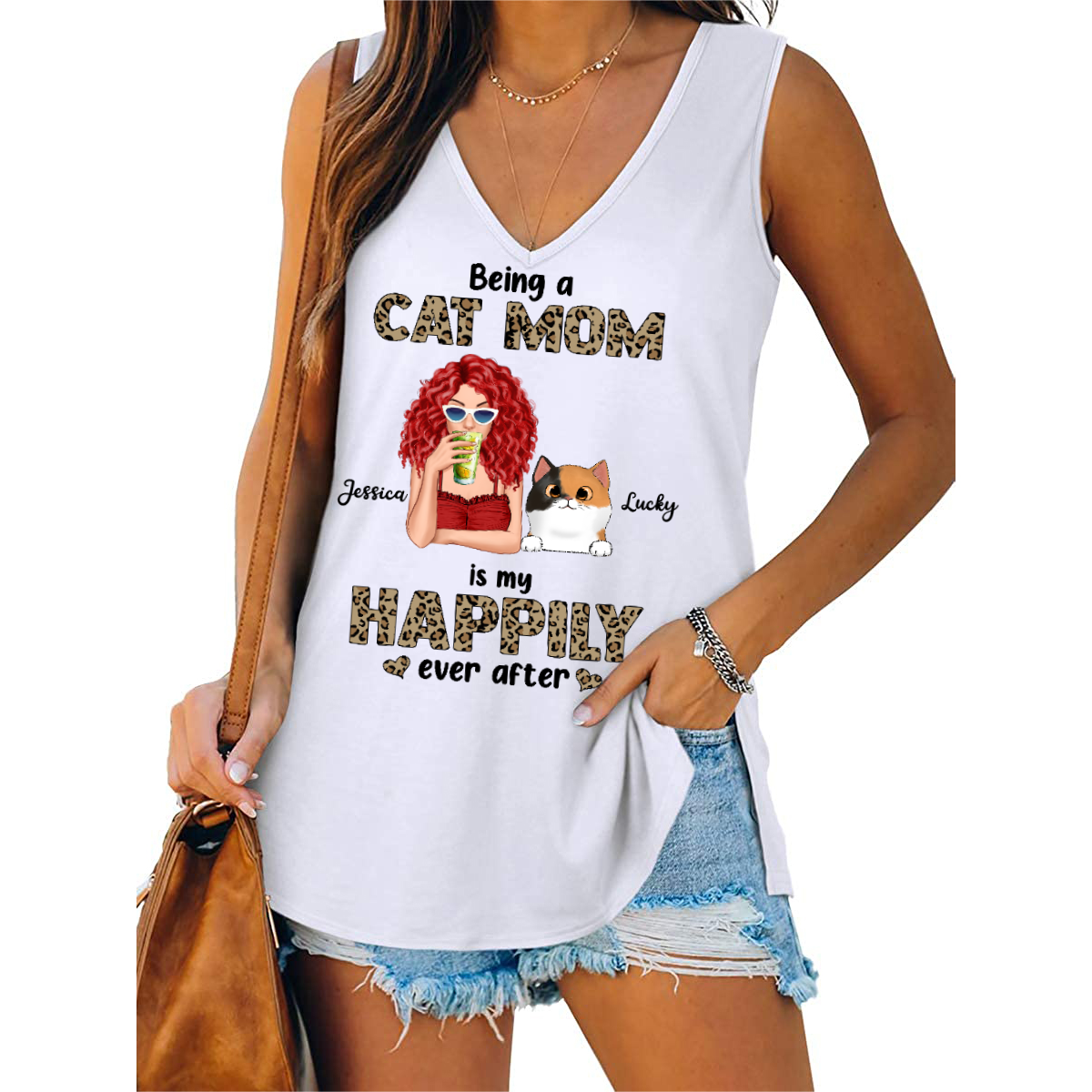 Cocktail Girl Cat Mom Happily Ever After Personalized Women Tank Top V Neck Casual Flowy Sleeveless